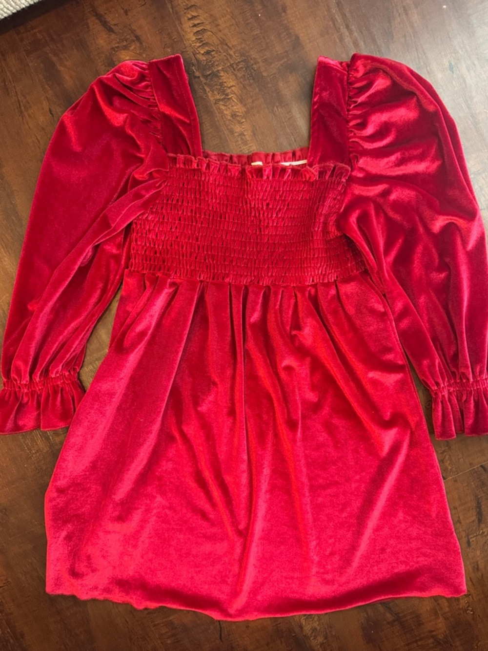SHEIN kids girls Red Velvet Smocked Square-Neck Top
